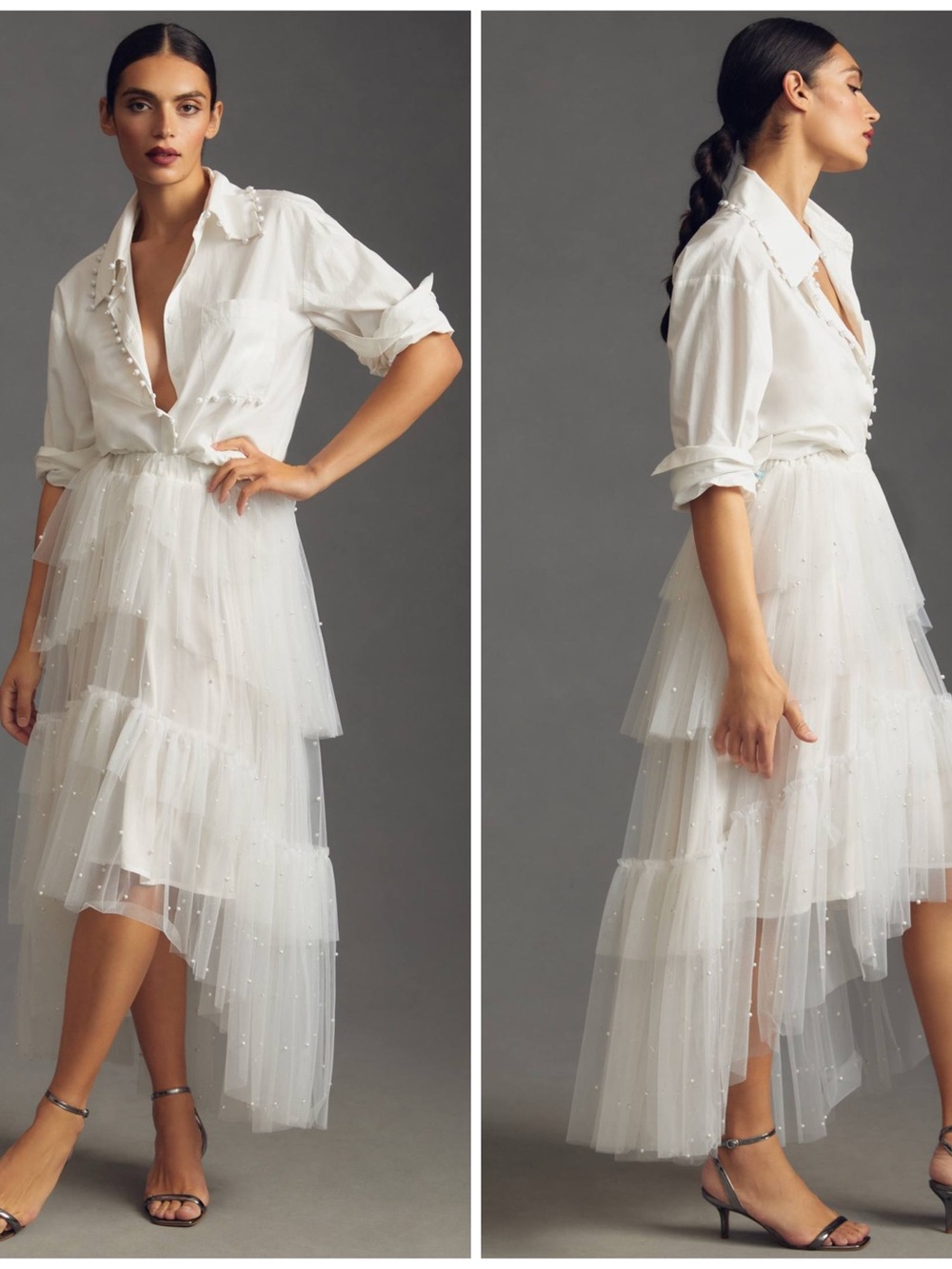 $188 NWT Anthropologie Maeve Tulle & Pearl Sheer Layered White Maxi Skirt MP